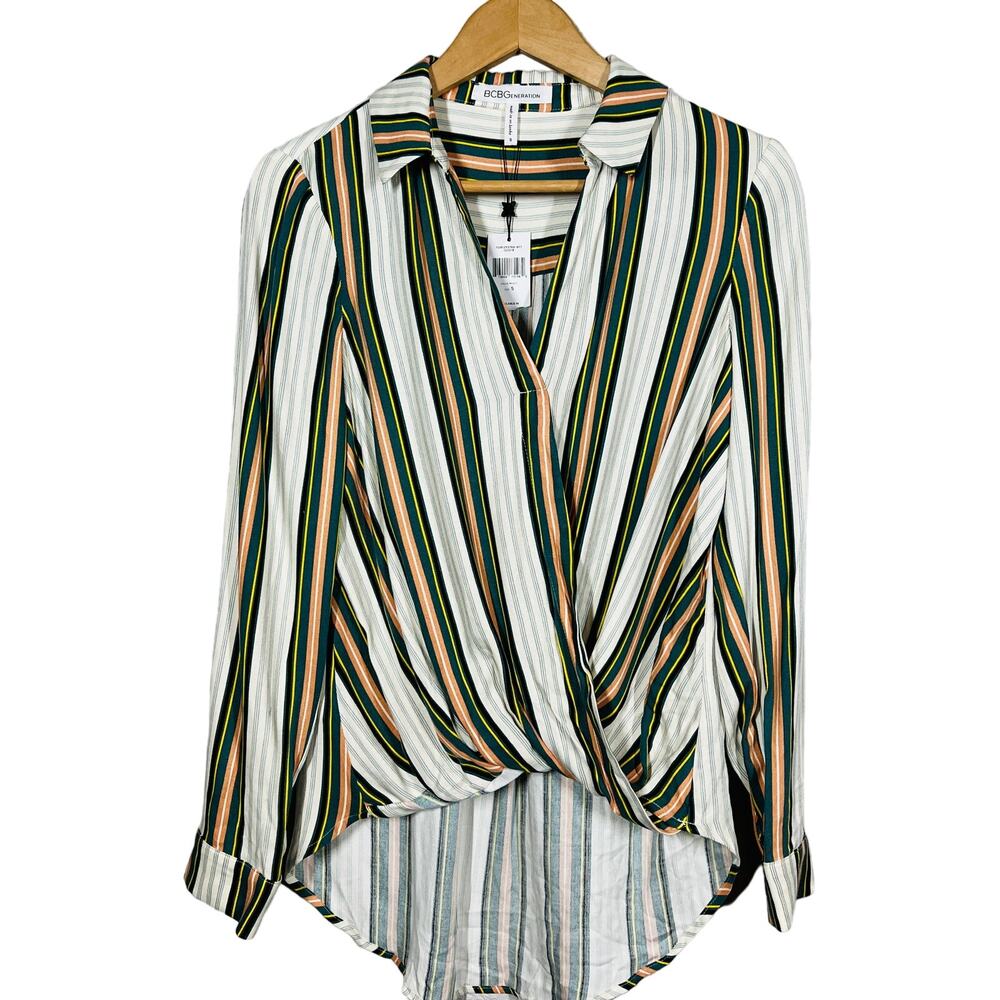 NEW! BCBGeneration Wrap Front Tunic Top Blouse Stripe Long Sleeve Casual - S